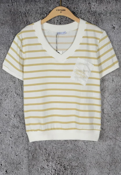 MEGI BIAŁA BLUZKA W BEŻOWE PASKI / KIESZONKA / B1905