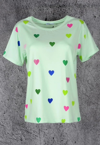 MEGI PISTACJOWA BLUZKA W KOLOROWE SERDUSZKA / KRYSZTAŁKI / B1685