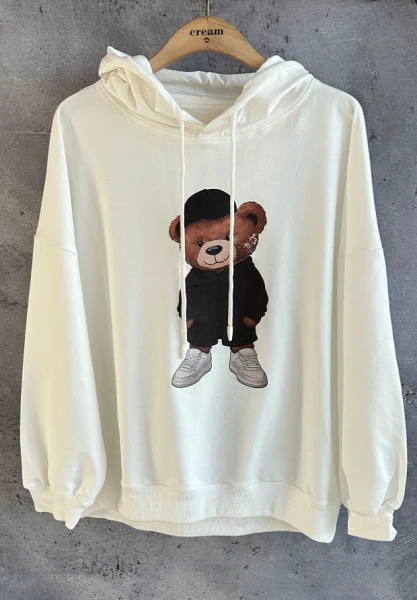 MEGI BIAŁA BLUZA Z KAPTUREM / NADRUK Z CIEMNO BRĄZOWYM MISIEM / B2357