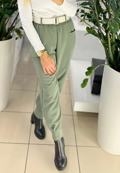 MEGI OLIWKOWE SPODNIE BALONY Z PARCIANYM PASKIEM / P2367