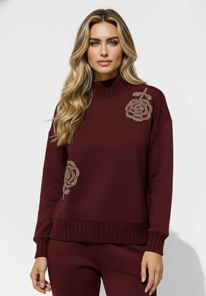 MEGI BORDOWA BLUZA / SWETERKOWE CAPPUCCINO KWIATY / B2443