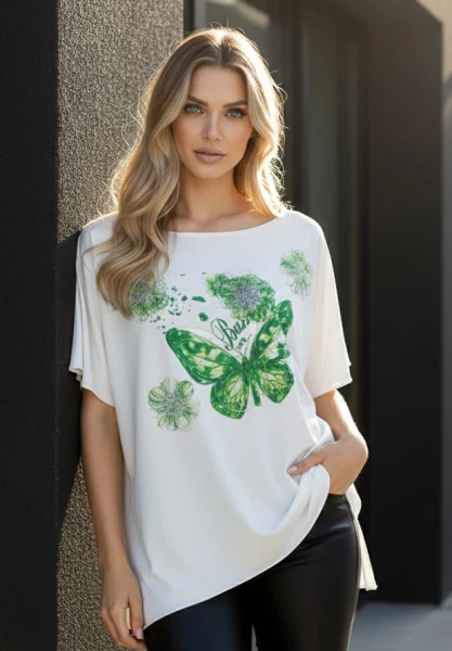 MEGI BIAŁA BLUZKA CIĘTA LASEROWO / KWIAT & ZIELONY MOTYLEK 3D / PLUS SIZE / B1930