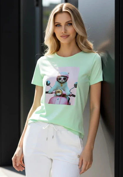 MEGI PISTACJOWA BLUZKA / KOT NA MOTORZE / B1716 