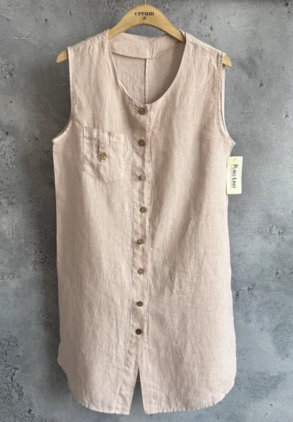 MADE IN ITALY WŁOSKA LNIANA PUDROWO RÓŻOWA ZAPINANA SUKIENKA OVERSIZE / UNI