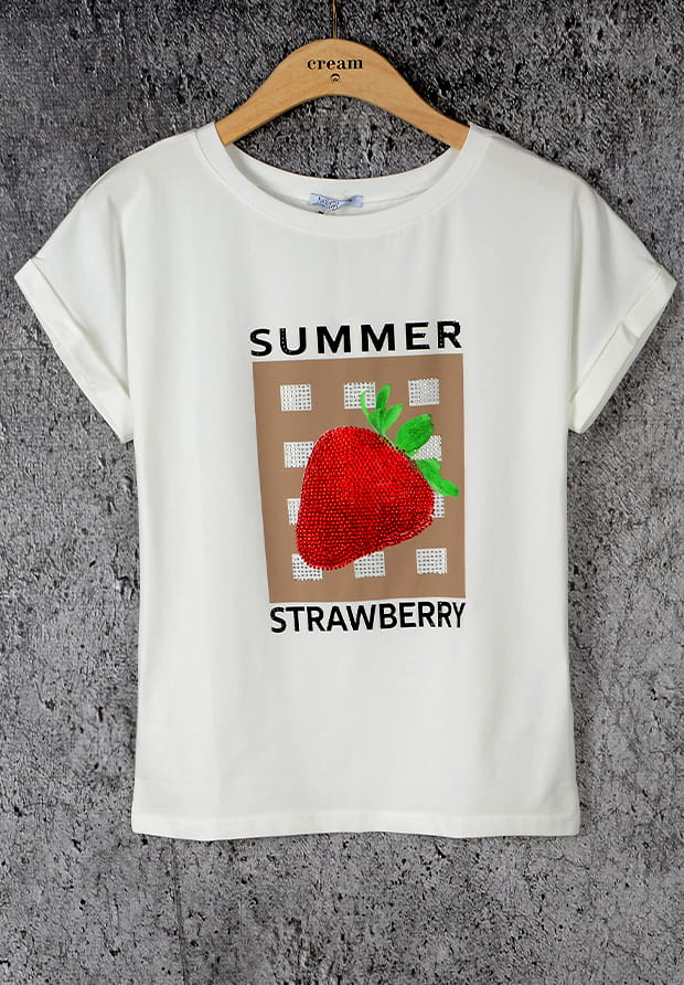 MEGI BIAŁA BLUZKA / TRUSKAWKA Z CYRKONIAMI / CAPPUCCINO / B1583