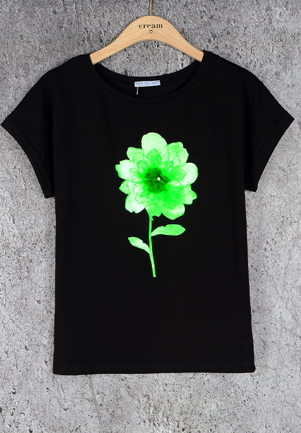 MEGI CZARNA BLUZKA / KWIAT 3D NEONOWA LIMONKA / B1682