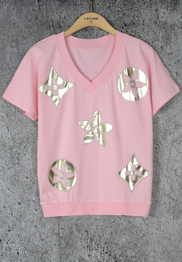 MEGI JASNO RÓŻOWA BLUZKA / ZŁOTY NADRUK & KRYSZTAŁKI / B1801