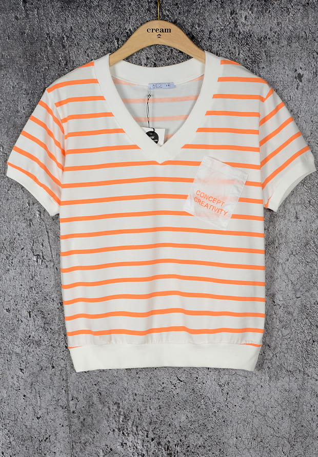 MEGI BIAŁA BLUZKA W MANDARYNKOWE PASKI / KIESZONKA / B1905