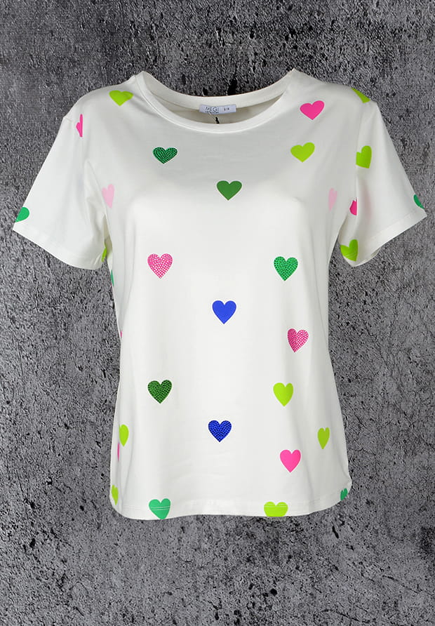 MEGI BIAŁA BLUZKA W KOLOROWE SERDUSZKA / KRYSZTAŁKI / B1685