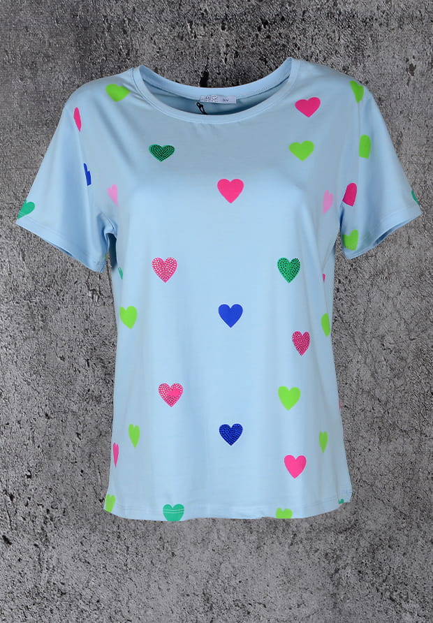 MEGI JASNO NIEBIESKA BLUZKA W KOLOROWE SERDUSZKA / KRYSZTAŁKI / B1685