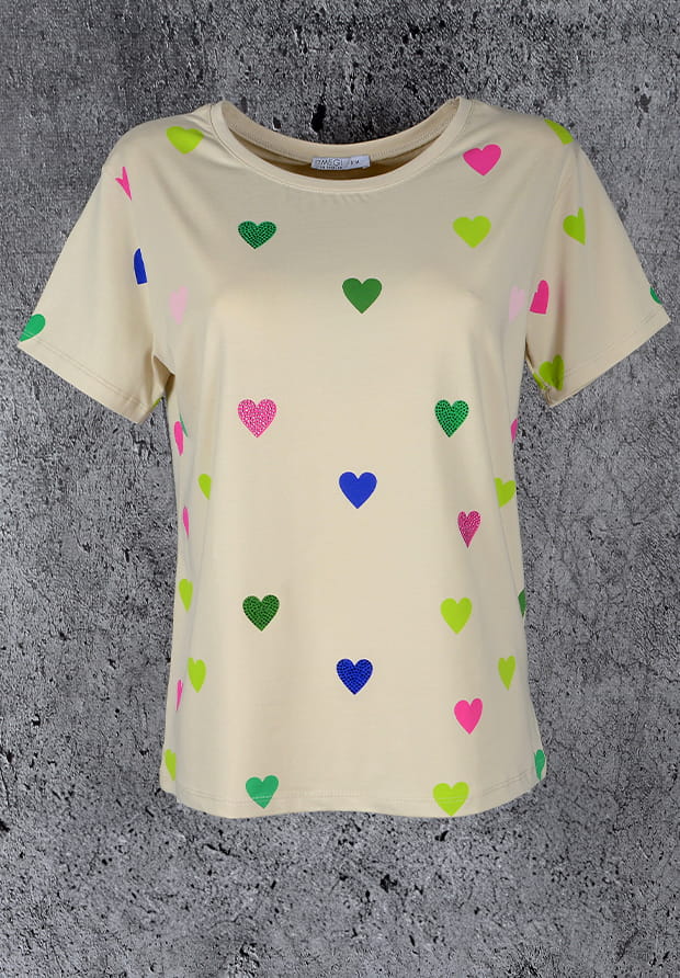 MEGI JASNO BEŻOWA BLUZKA W KOLOROWE SERDUSZKA / KRYSZTAŁKI / B1685