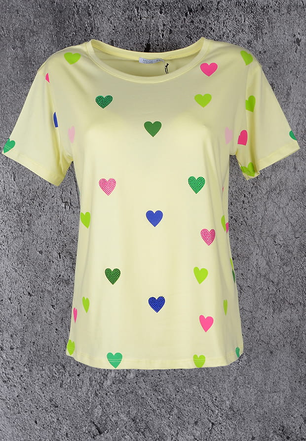 MEGI CYTRYNOWA BLUZKA W KOLOROWE SERDUSZKA / KRYSZTAŁKI / B1685