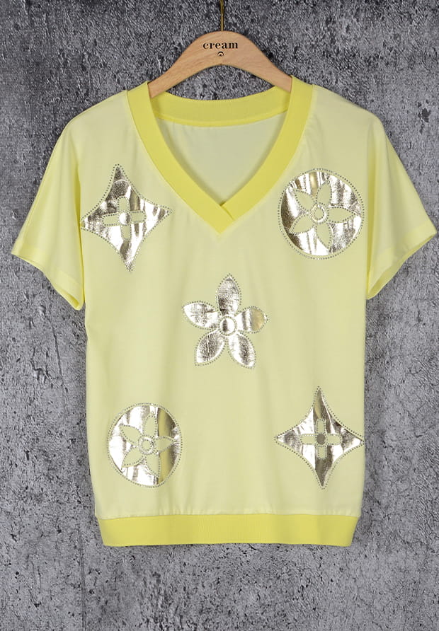 MEGI CYTRYNOWA BLUZKA / ZŁOTY NADRUK & KRYSZTAŁKI / B1801