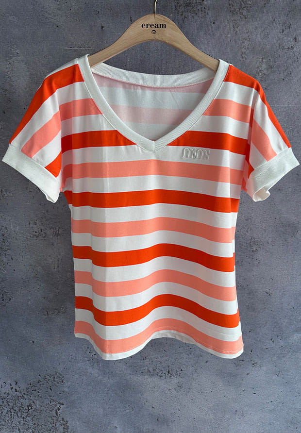 MEGI BIAŁA BLUZKA W MANDARYNKOWE PASKI Z HAFTOWANYM LOGO / B1967 