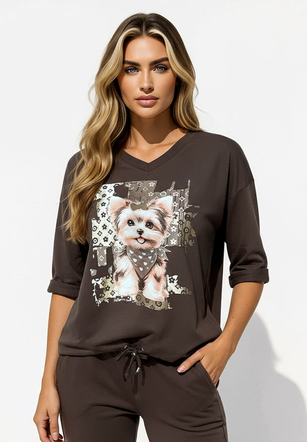 MEGI CIEMNO BRĄZOWA BLUZKA Z PIESKIEM / B2052