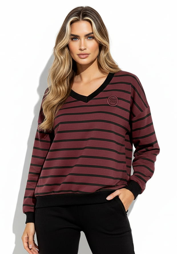 MEGI BORDOWA BLUZA W CZARNE PASKI / HAFTOWANE LOGO / B2383