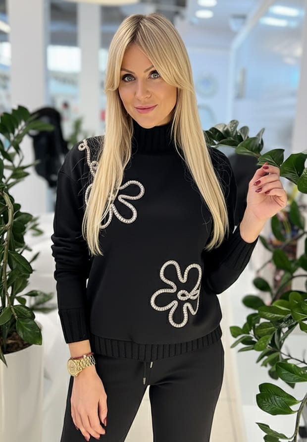 MEGI CZARNA BLUZA / SWETERKOWE ŚCIĄGACZE / CAPPUCCINO  KWIATY / B2444