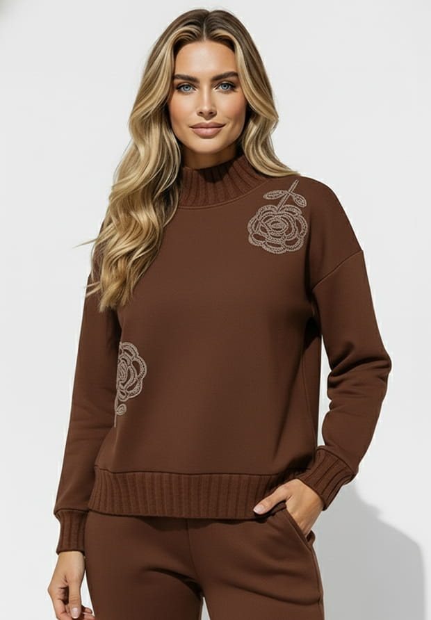 MEGI CZEKOLADOWO BRĄZOWA BLUZA / SWETERKOWE KWIATY / B2443