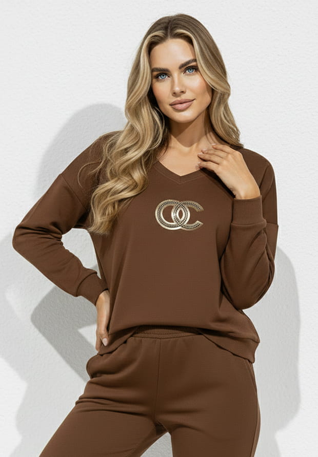 MEGI CZEKOLADOWO BRĄZOWA BLUZKA ZE ZŁOTYM NADRUKIEM / B2548