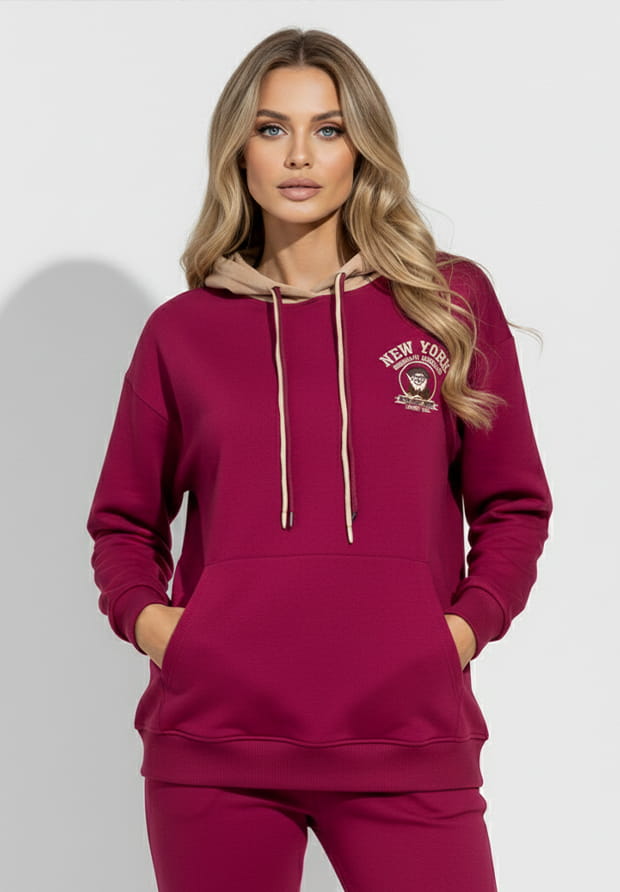 MEGI AMARANTOWA  BLUZA Z CAPPUCCINO KAPTUREM / HAFTOWANE LOGO / B2360