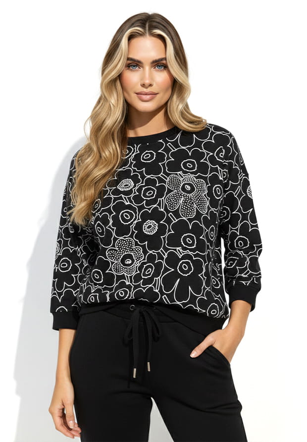 MEGI CZARNA BLUZA W BIAŁE KWIATY ZDOBIONE CYRKONIAMI / B2687 