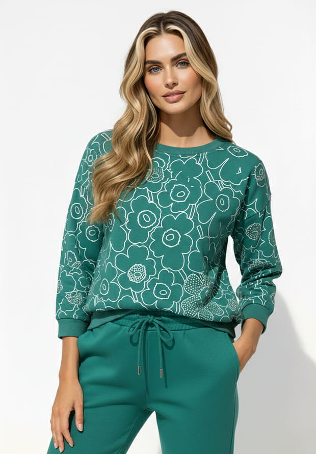 MEGI MORSKO ZIELONA BLUZA W BIAŁE KWIATY ZDOBIONE CYRKONIAMI / B2687 