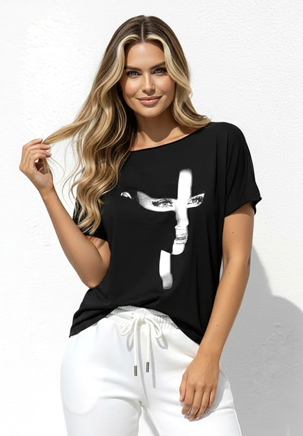 MEGI CZARNA LASEROWO CIĘTA BLUZKA / NADRUK Z TWARZĄ KOBIETY / B1731