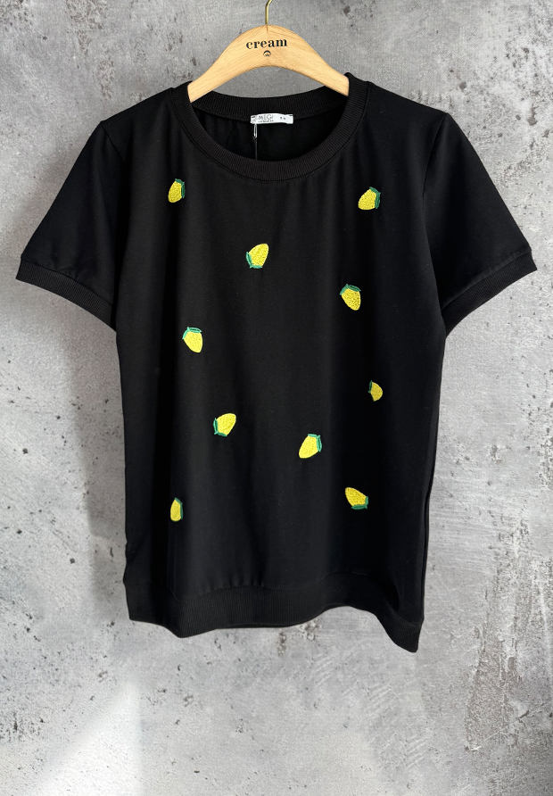 MEGI CZARNA BLUZKA T-SHIRT W HAFTOWANE CYTRYNKI / B2859 