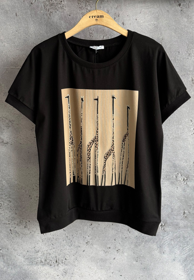 MEGI CZARNA BLUZKA T-SHIRT W ŻYRAFY / CAPPUCCINO / B2955