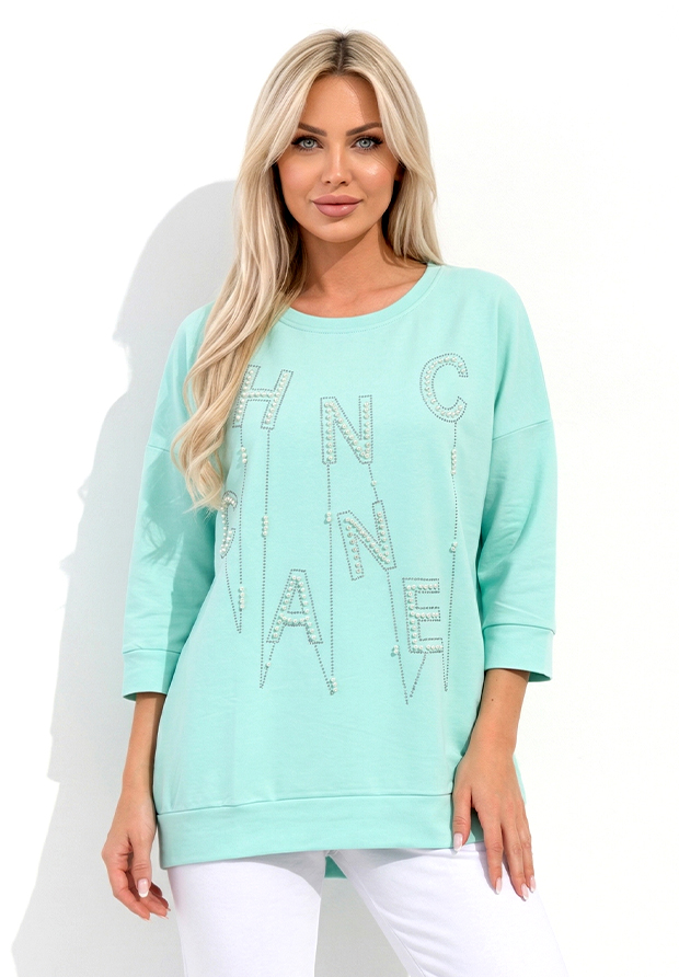 MEGI AQUA BLUZA / NAPIS Z PEREŁEK I CYRKONII / PLUS SIZE / B1391