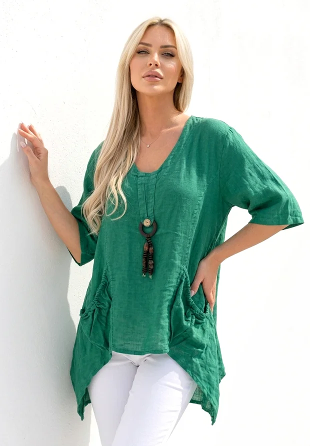 MADE IN ITALY WŁOSKA ZIELONA LNIANA BLUZKA Z NASZYJNIKIEM / ENZO MICCICO