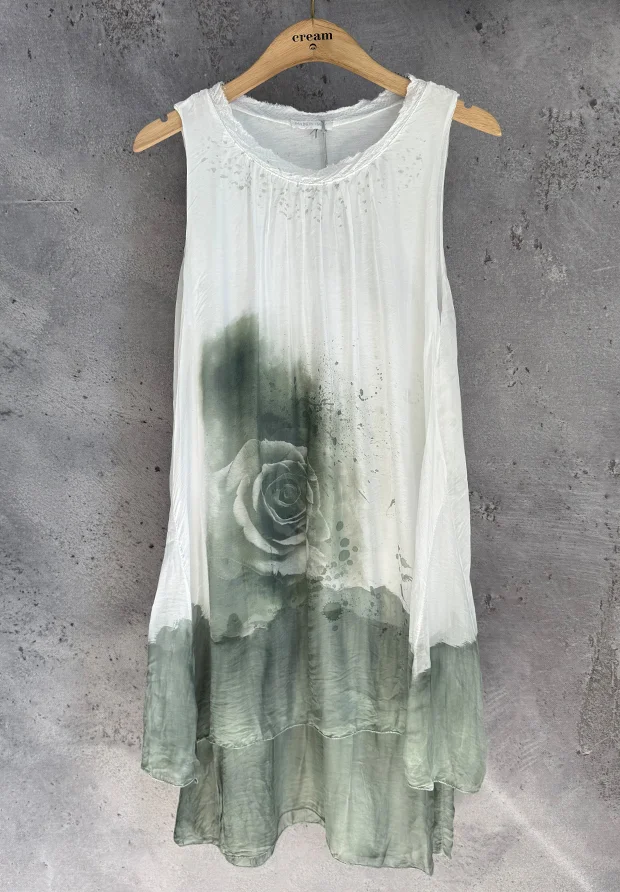 MADE IN ITALY LUPO MODA WŁOSKA JEDWABNA BIAŁA SUKIENKA W OLIWKOWE RÓŻE / UNI 