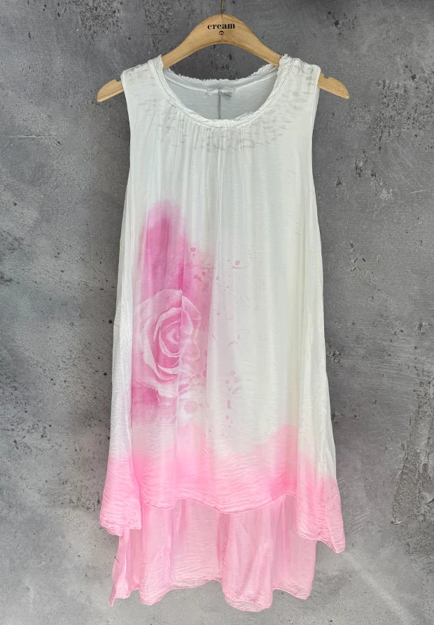 MADE IN ITALY LUPO MODA WŁOSKA JEDWABNA BIAŁA SUKIENKA W CUKIERKOWO RÓZOWE RÓŻE / UNI