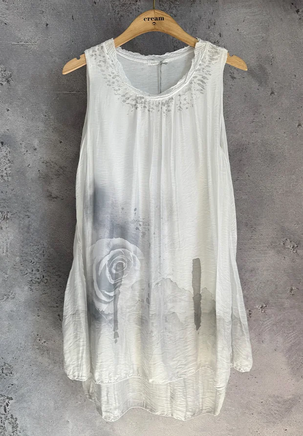 MADE IN ITALY LUPO MODA WŁOSKA JEDWABNA BIAŁA SUKIENKA W SZARE RÓŻE / UNI 