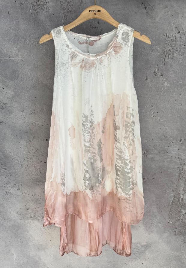 MADE IN ITALY WŁOSKA JEDWABNA SUKIENKA Z CEKINAMI PUDROWY RÓŻ OMBRE / UNI 