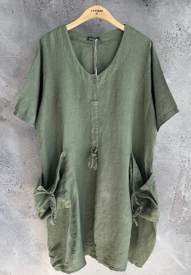WŁOSKA WUKIENKA - ENZO MICCICO LNIANA OLIWKOWO ZIELONA SUKIENKA OVERSIZE / MADE IN ITALY / UNI 
