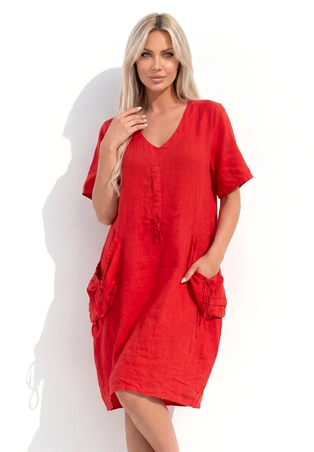 WŁOSKA SUKIENKA - ENZO MICCICO LNIANA CZERWONA SUKIENKA OVERSIZE / MADE IN ITALY / UNI 