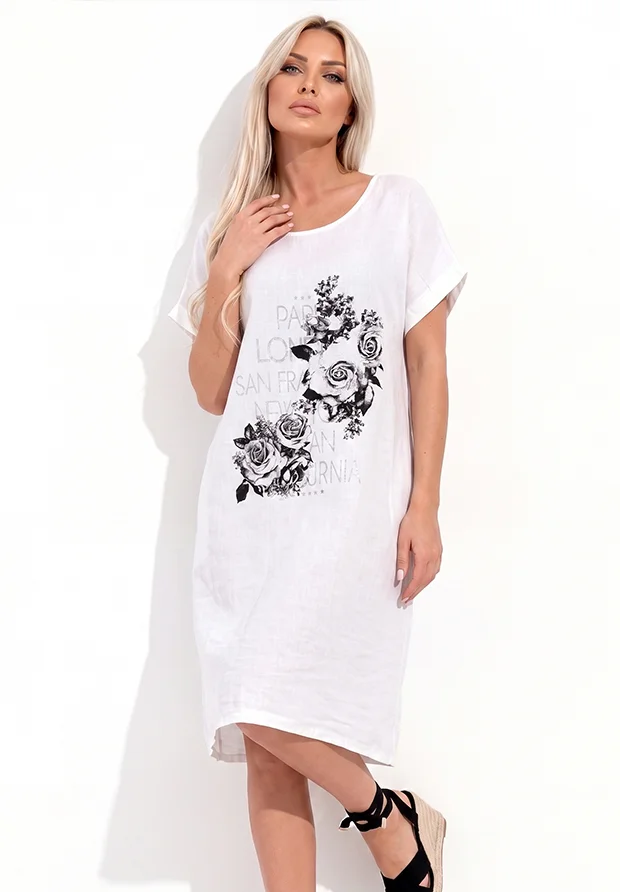 MODA ITALIA BIAŁA LNIANA SUKIENKA OVERSIZE / KWIATOWY PRINT / MADE IN ITALY / UNI 