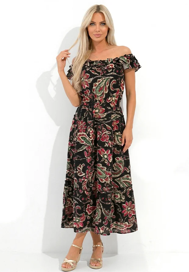 MEGI SUKIENKA W STYLU BOHO – CZARNY & KOLOROWY PRINT / M4674 
