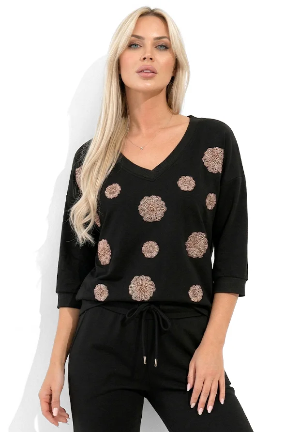 MEGI CZARNA BLUZA Z HAFTOWANYMI KWIATAMI CAPPUCCINO / B2164