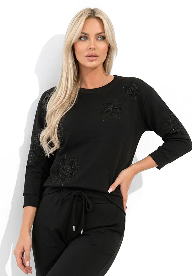 MEGI CZARNA BLUZA W HAFTOWANE KWIATY ZDOBIONE CEKINAMI / B1311