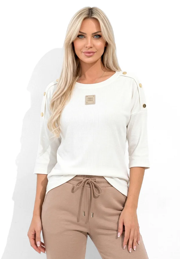 MEGI BIAŁA PRĄŻKOWANA BLUZKA  Z NASZYWKĄ I ZŁOTYMI OZDOBNYMI GUZIKAMI / B1289