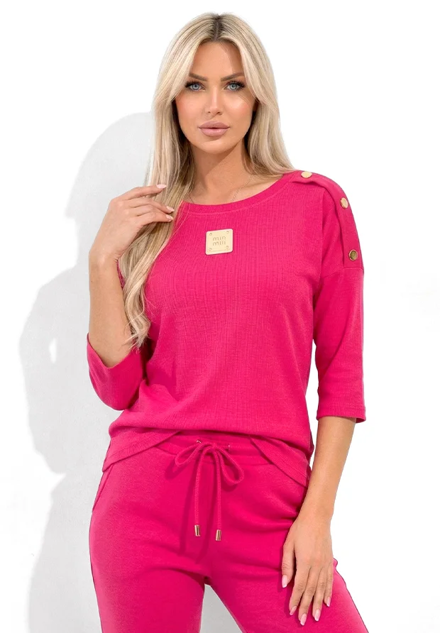 MEGI FUKSJOWA PRĄŻKOWANA BLUZKA  Z NASZYWKĄ I ZŁOTYMI OZDOBNYMI GUZIKAMI / B1289 