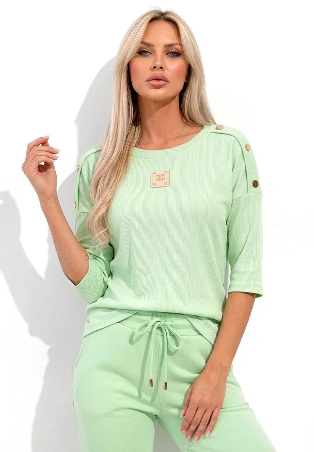 MEGI PISTACJOWA PRĄŻKOWANA BLUZKA  Z NASZYWKĄ I ZŁOTYMI OZDOBNYMI GUZIKAMI / B1289 