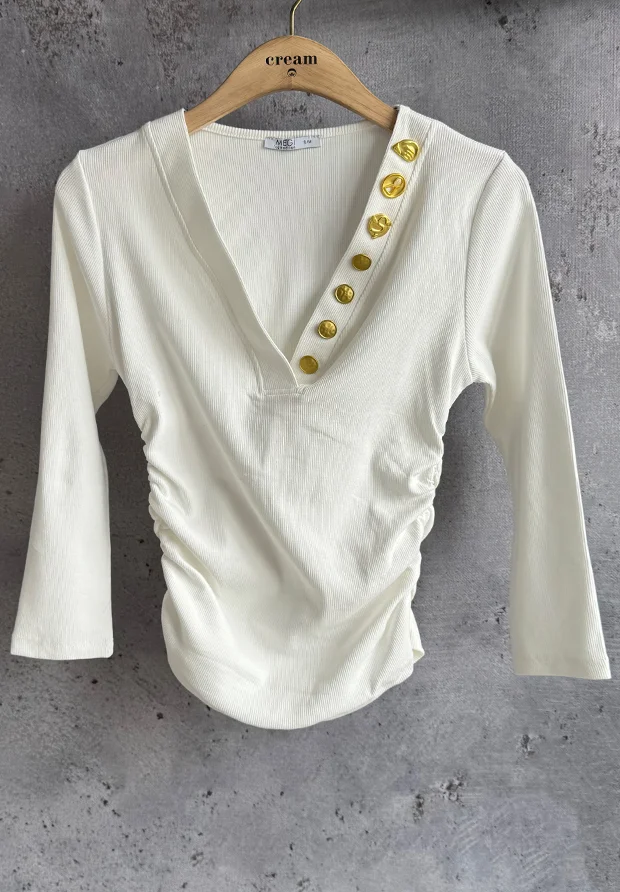 MEGI BIAŁA PRĄŻKOWANA BLUZKA ZE ZŁOTYMI OZDOBNYMI GUZIKAMI / B2730