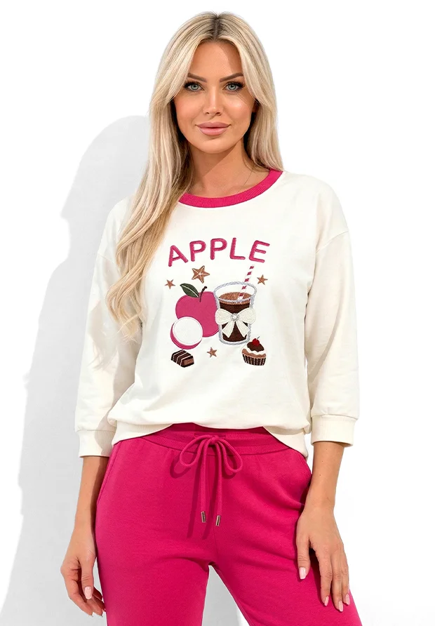 MEGI BIAŁA BLUZA Z DEKORACYJNYM FUKSJOWYM HAFTEM / B2778