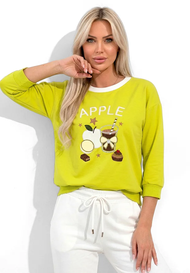 MEGI LIMONKOWA BLUZA Z DEKORACYJNYM BIAŁYM HAFTEM / B2778