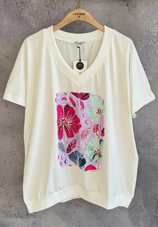 MEGI BIAŁA BLUZKA T-SHIRT W KWIATY / FIOLETOWY & FUKSJA & AQUA / PLUS SIZE / B2988