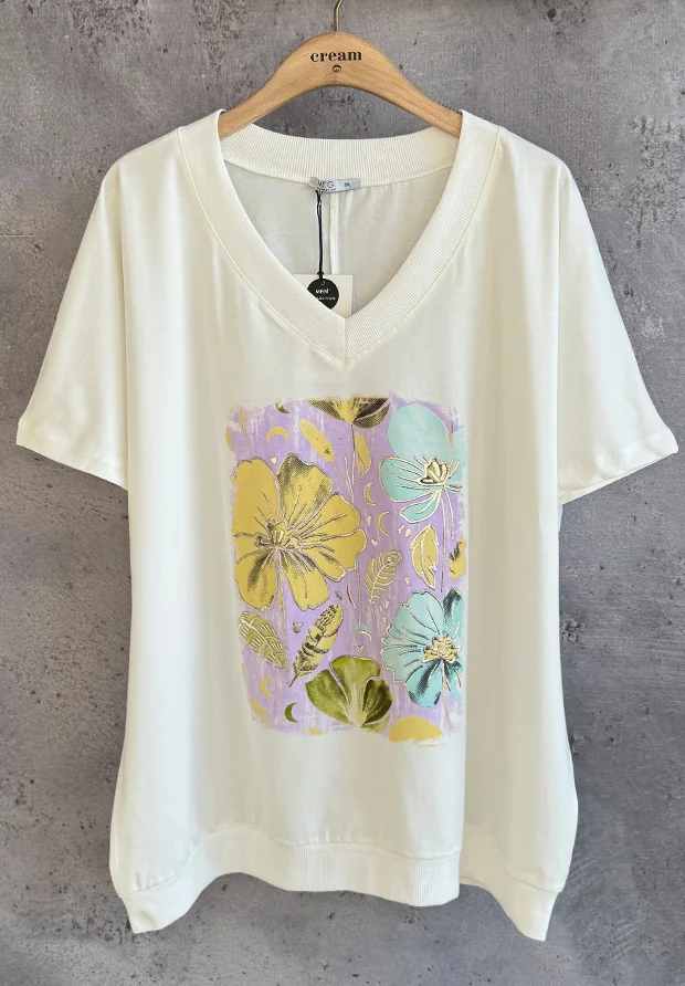 MEGI BIAŁA BLUZKA T-SHIRT W KWIATY / FIOLETOWY & BANANOWY & AQUA / PLUS SIZE / B2988