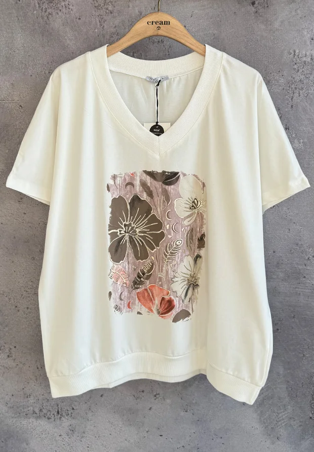 MEGI BIAŁA BLUZKA T-SHIRT W KWIATY / PUDROWO RÓŻOWY WRZOS & JASNY BEŻ & CAPPUCCINO / PLUS SIZE / B2988